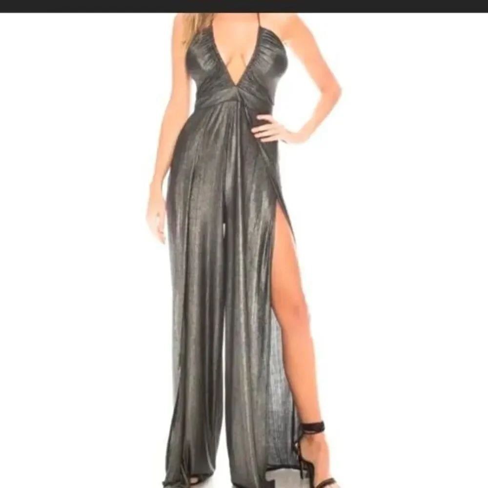 NWT Katie May Revolve Gray Metallic Never Cross Jumpsuit Size Medium